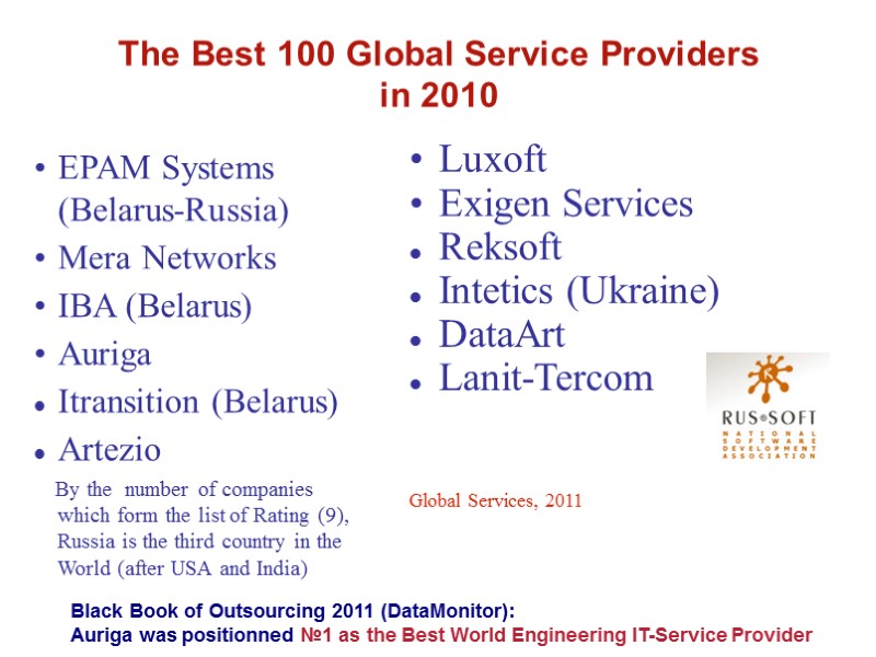 The Best 100 Global Service Providers  in 2010 EPAM Systems (Belarus-Russia) Mera Networks
